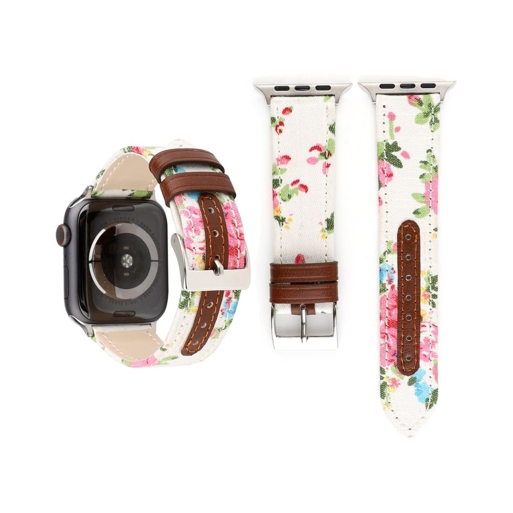 Wewoo - Bracelet en cuir véritable avec Motif fleurs denim pour Apple Watch séries 3 et 2 & 1 42 mm blanc - Accessoires Apple Watch