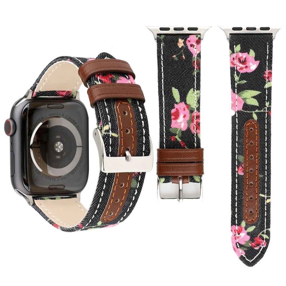Wewoo - Bracelet en cuir véritable avec Motif fleurs denim pour Apple Watch séries 5 et 4 40 mm / 3 et 2 et 1 38 mm Noir - Accessoires montres connectées
