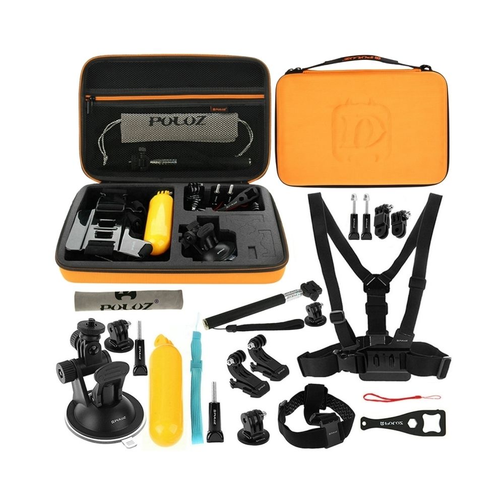 Wewoo - Kit d'accessoire Orange pour 20 en 1 Gopro HERO6 / 5/5 Session / 4 Session / 4/3 + / 3/2/1, Xiaomi et autres caméras d'action Accessoires Combo Kits avec EVA Case sangle de poitrine + de tête + Ventouse Mount + 3-Way Pivot Bras + J-Hook Boucles + Monopode - Caméras Sportives