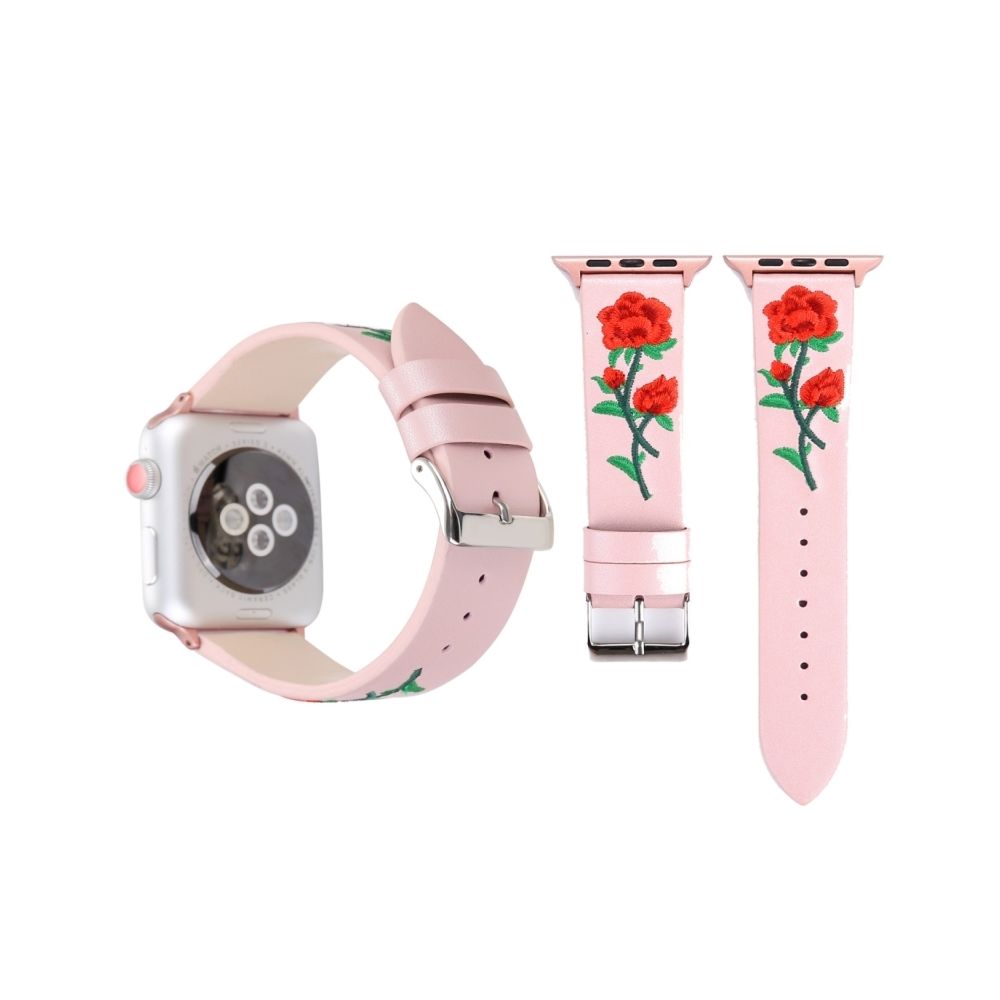 Wewoo - Bande de montre-bracelet en cuir véritable brodé avec boucle en acier inoxydable pour Apple Watch série 3 & 2 & 1 42mm rose - Accessoires Apple Watch