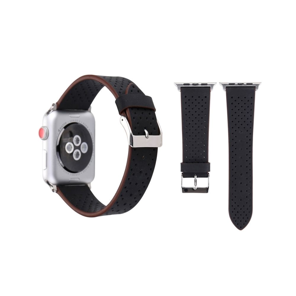 Wewoo - Bracelet noir pour Apple Watch Series 3 & 2 & 1 38mm simple mode en cuir véritable motif de trou - Accessoires Apple Watch