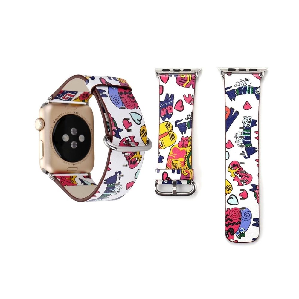 Wewoo - Bracelet pour Apple Watch Series 3 & 2 & 1 38mm Mode Coloré Chat Motif Véritable En Cuir Montre-Bracelet Bande - Accessoires Apple Watch