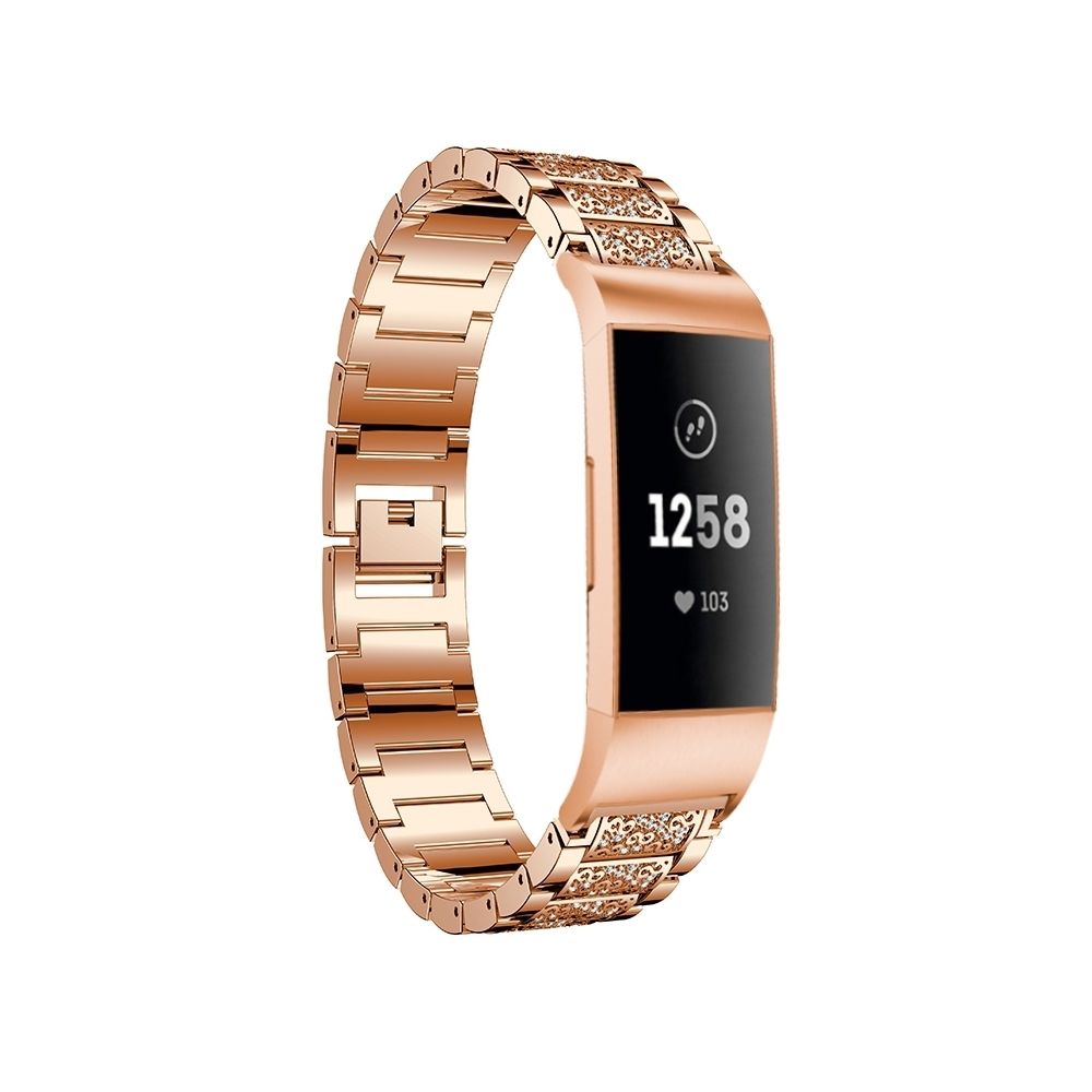 Wewoo - Bracelet pour montre connectée en acier inoxydable serti de diamants Fitbit Charge 3 or rose - Bracelet connecté