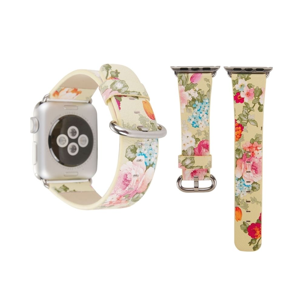 Wewoo - Bracelet jaune pour Apple Watch Série 3 & 2 & 1 42mm New Style Chinois Encre Floral Motif Véritable en Cuir Bande de Montre - Accessoires Apple Watch