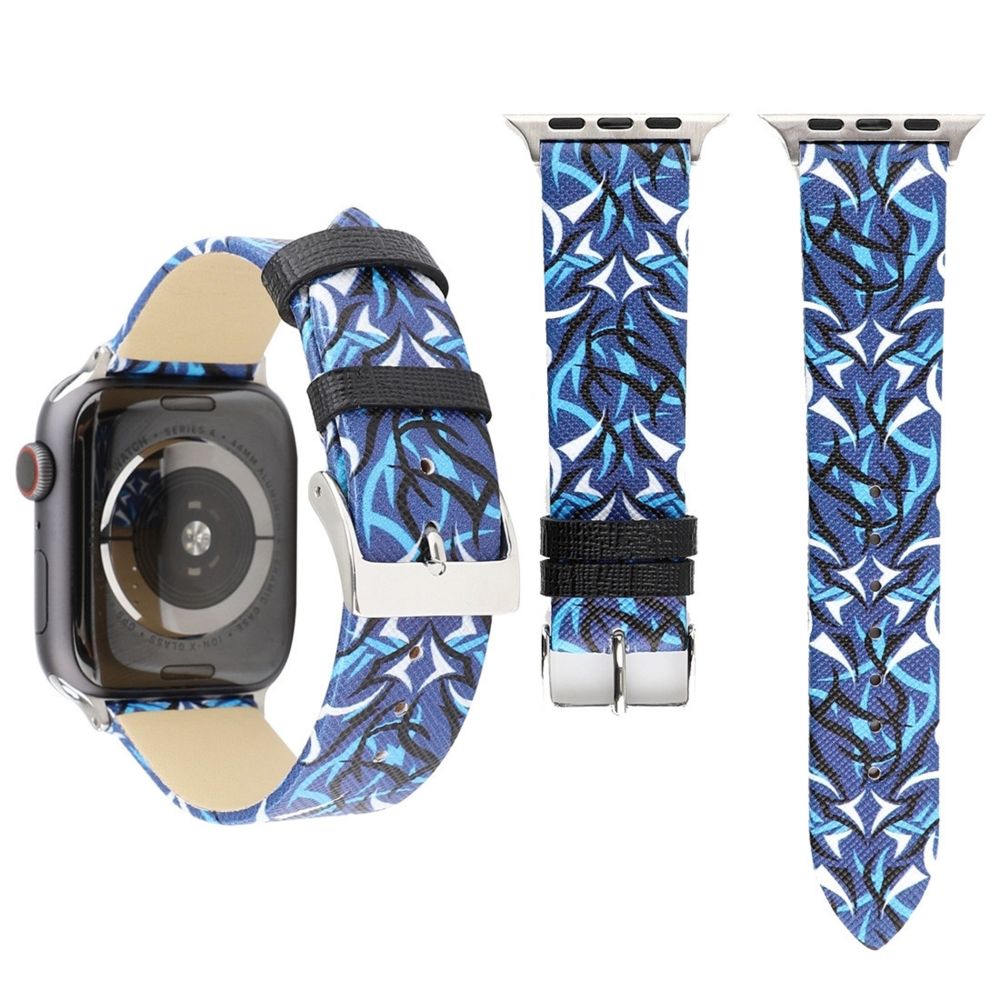 Wewoo - Thorns Printing Bracelet de montre en cuir véritable pour Apple Watch séries 5 et 4 40 mm / 3 et 2 et 1 38 mm bleu - Accessoires montres connectées