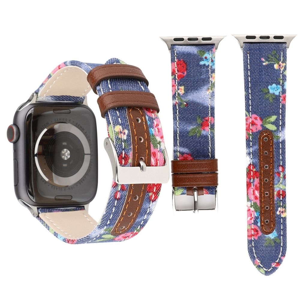 Wewoo - Bracelet en cuir véritable Motif fleurs denim pour Apple Watch séries 5 et 4 40 mm / 3 et 2 et 1 38 mm bleu foncé - Accessoires montres connectées