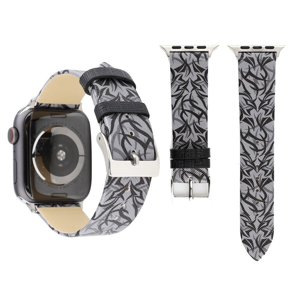 Wewoo - Thorns Printing Bracelet de montre en cuir véritable pour Apple Watch séries 5 et 4 40 mm / 3 et 2 et 1 38 mm Gris noir - Accessoires montres connectées