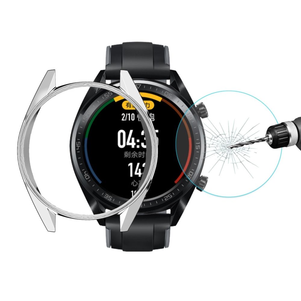 Wewoo - Boîtier de montre Pour HUAWEI Watch GT Classic / GT Active / GT Sport 46mm Couverture intégrale en TPU Electroplate + 0.2mm Film de verre trempé 9H 2.15D à bord incurvé Argent - Accessoires montres connectées