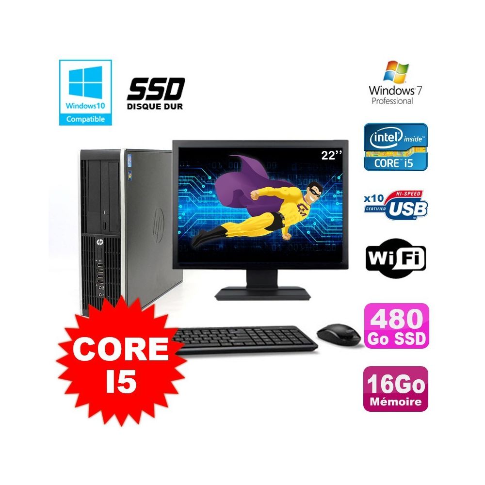Hp - Lot PC HP Elite 8200 SFF Core I5 3.1GHz 16Go 480Go SSD DVD WIFI W7 + Ecran 22 - PC Fixe