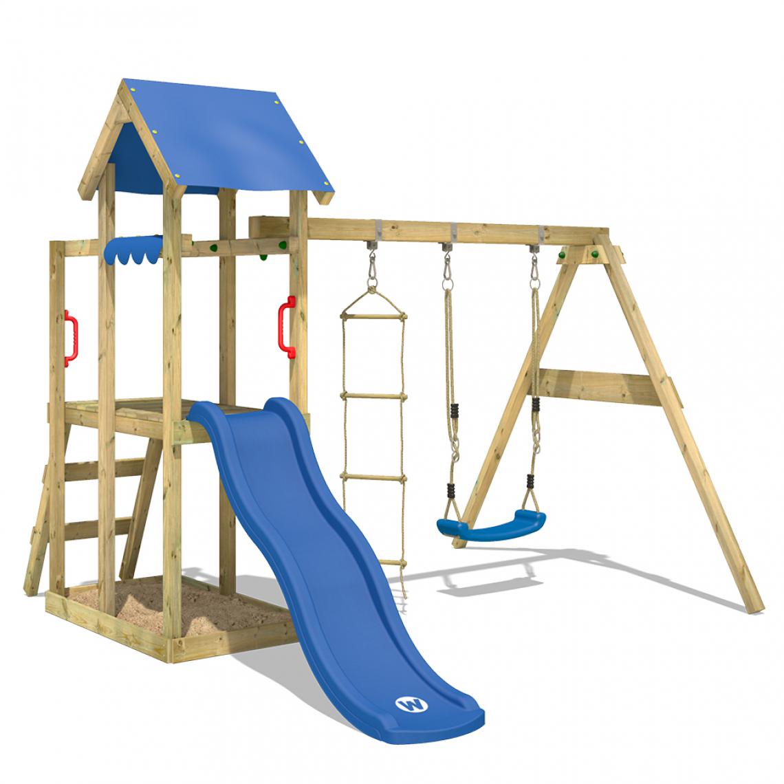 Wickey - Aire de jeux Portique bois TinyPlace avec balançoire et toboggan bleu Maison enfant extérieure avec bac à sable, échelle d'escalade & accessoires de jeux - Aire de jeux