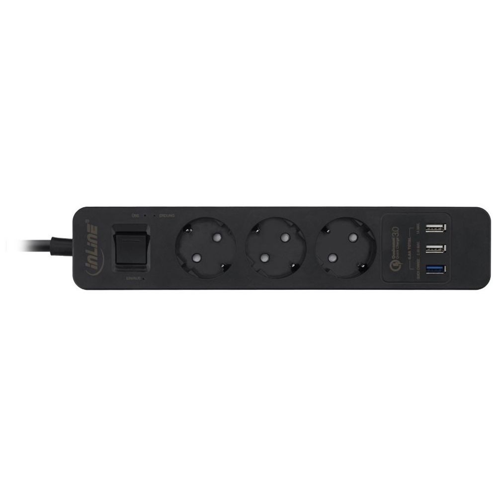 Inline - Barrette d'alimentation InLine® 3 ports avec USB QC, 3x type F allemand avec interrupteur et sécurité enfants noir 1,5 m - Blocs multiprises