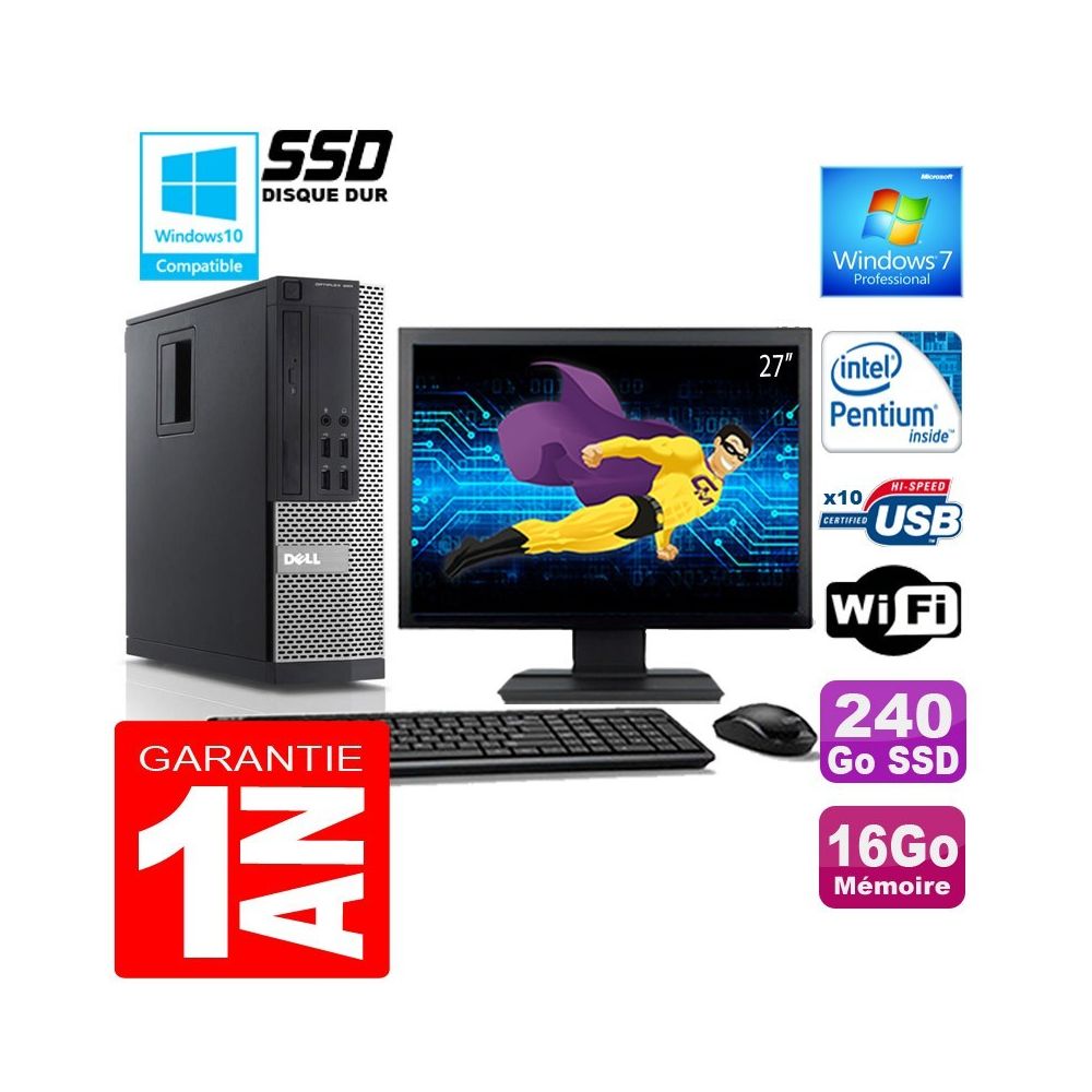 Dell - PC DELL 990 SFF Intel G840 Ram 16Go Disque 240 Go SSD Wifi W7 Ecran 27"" - PC Fixe