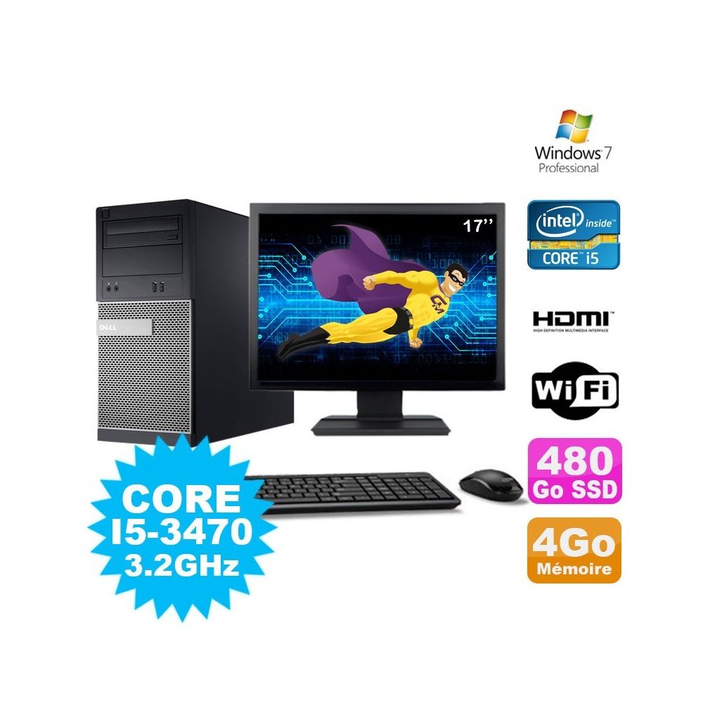 Dell - Lot PC Tour DELL 3010 MT I5-3470 Graveur 4Go 480Go SSD HDMI Wifi W7 + Ecran 17"" - PC Fixe