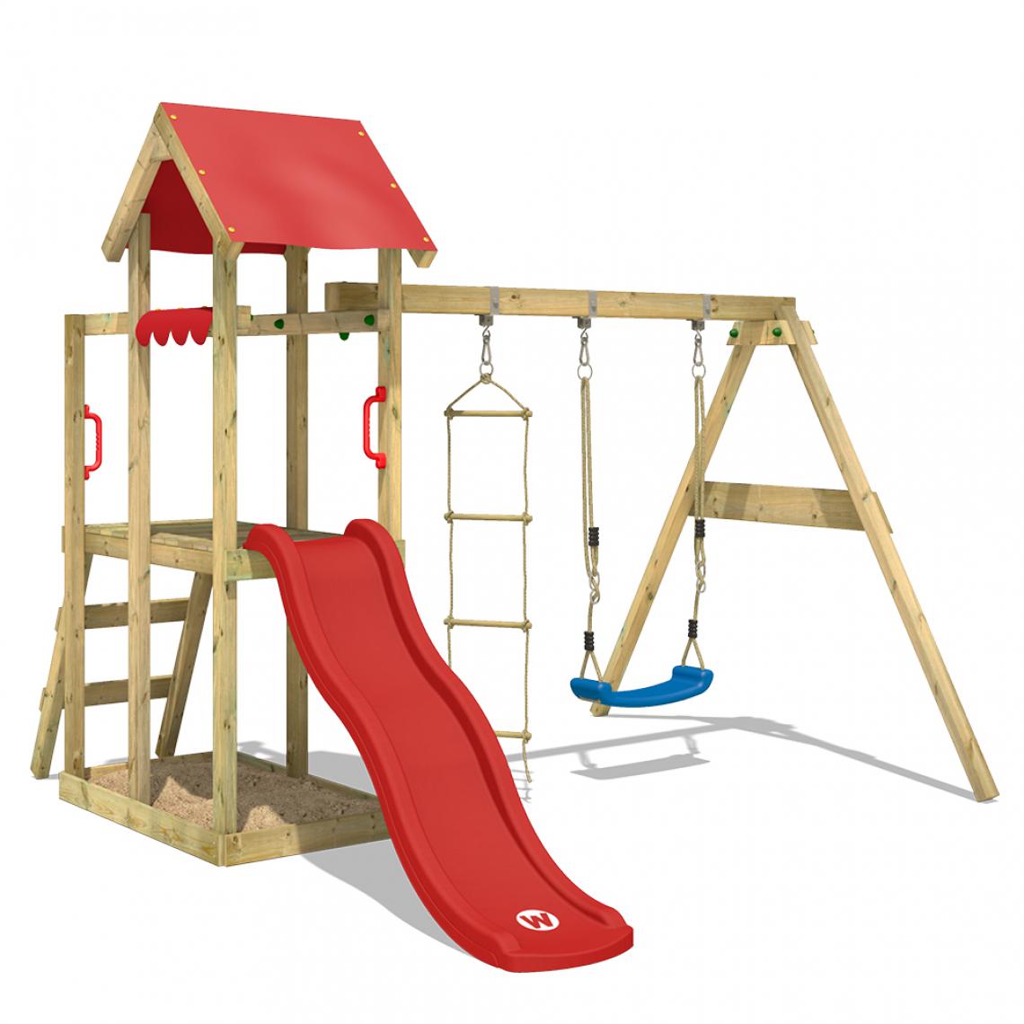 Wickey - Aire de jeux Portique bois TinyPlace avec balançoire et toboggan rouge Maison enfant extérieure avec bac à sable, échelle d'escalade & accessoires de jeux - Aire de jeux