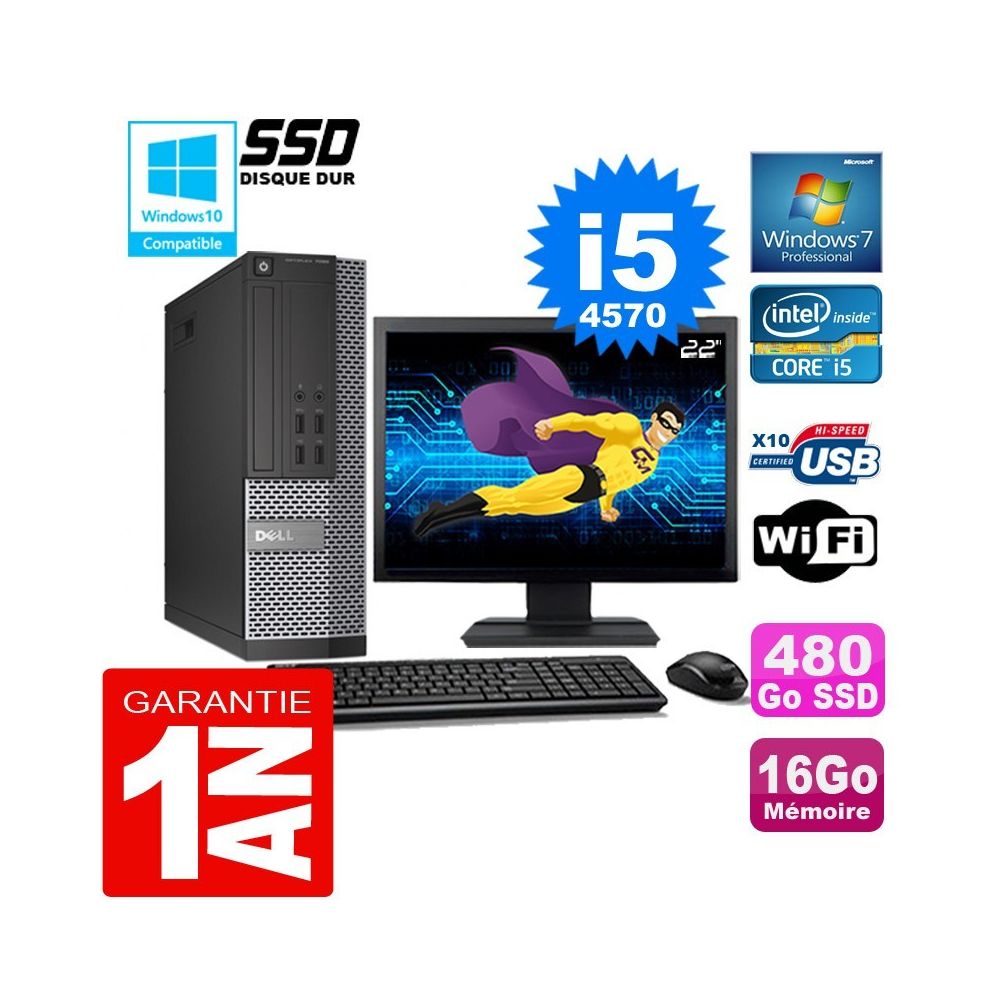 Dell - PC DELL 7020 SFF Core I5-4570 Ram 16Go Disque 480 Go SSD Wifi W7 Ecran 22"" - PC Fixe