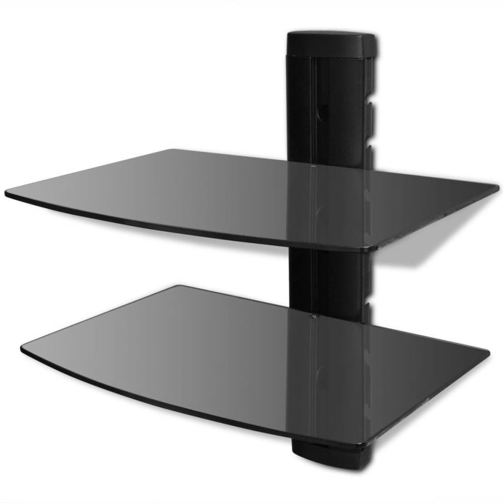 Helloshop26 - Meuble télé buffet tv télévision design pratique étagère murale noire à 2 tablettes en verre pour dvd 2502016 - Meubles TV, Hi-Fi