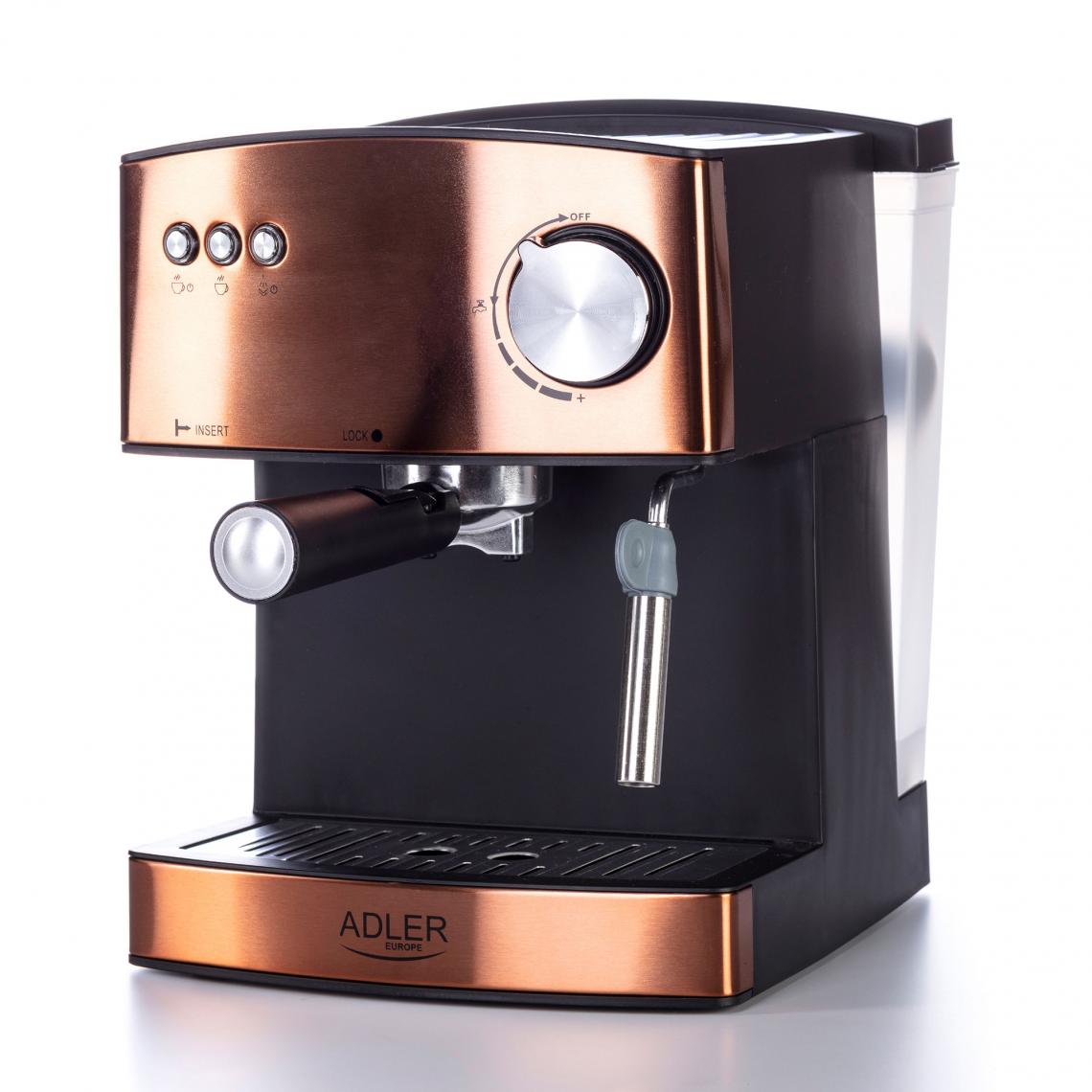 Adler - Machine à Espresso Automatique 15 Bars 1,6 L, Buse Vapeur à Lait Chauffe -Tasses 850W Cuivre Adler AD 4404CR - Expresso - Cafetière