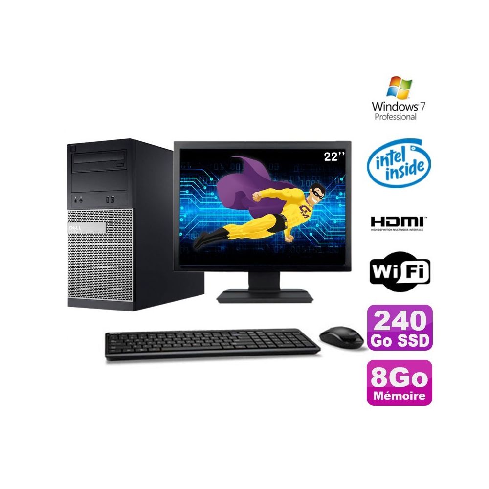 Dell - Lot PC Tour DELL 3010 MT G2020 Graveur 8Go 240Go SSD HDMI Wifi W7 + Ecran 22"" - PC Fixe