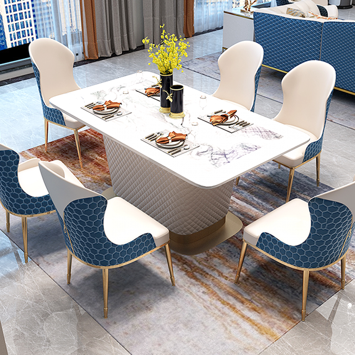 Meubler Design - Table à manger marbre artificiel et simili cuir RUFUS - Tables à manger