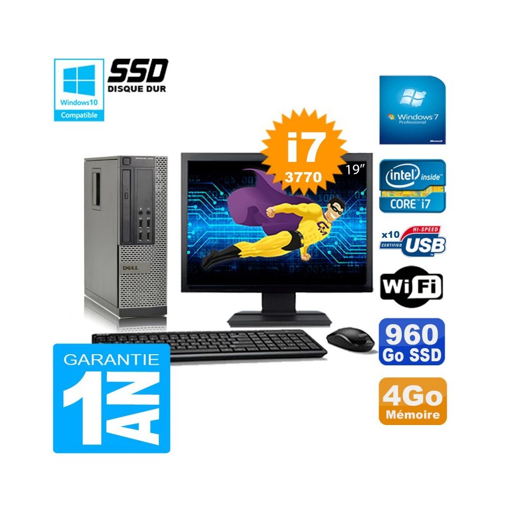 Dell - PC DELL 7010 SFF Core I7-3770 Ram 4Go Disque 960Go SSD Graveur Wifi W7 Ecran 19"""" - PC Fixe