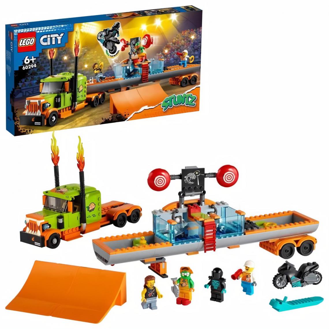 Lego - LEGO 60294 City Stuntz Le Camion de Spectacle des Cascadeurs, Moto a Rétrofriction, Bassin, Jouet de Construction pour Enfants - Briques Lego