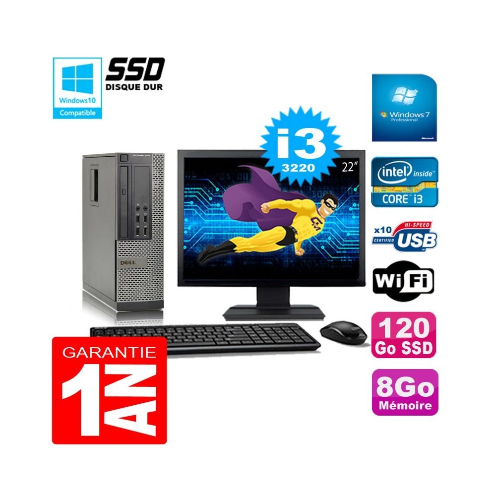 Dell - PC DELL 7010 SFF Core I3-3220 Ram 8Go Disque 120Go SSD Graveur Wifi W7 Ecran 22"" - PC Fixe