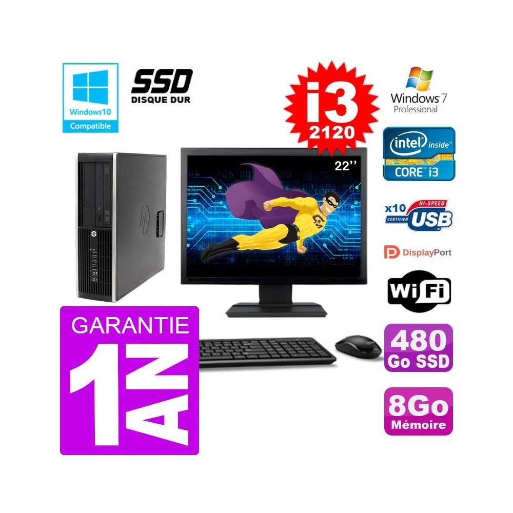 Hp - PC HP 6200 SFF Ecran 22"""" Intel i3-2120 RAM 8Go SSD 480Go Graveur DVD Wifi W7 - PC Fixe