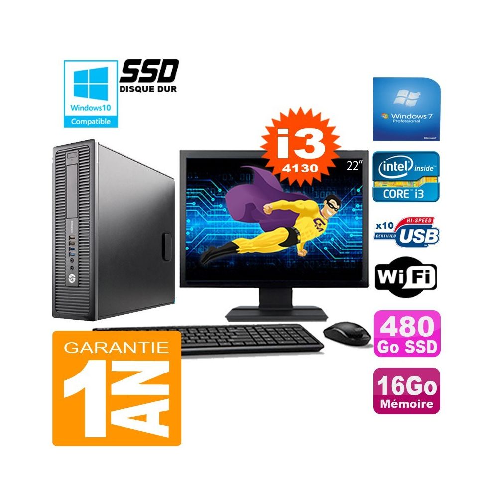 Hp - PC HP EliteDesk 800 G1 SFF Core I3-4130 16Go Disque 480 Go SSD Wifi W7 Ecran 22"""" - PC Fixe