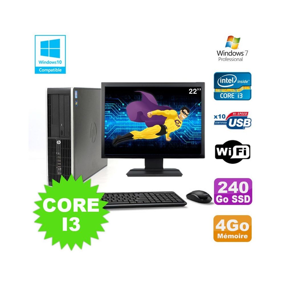 Hp - Lot PC HP Elite 8200 SFF Core I3 3.1GHz 4Go 240Go SSD DVD WIFI W7 + Ecran 22 - PC Fixe