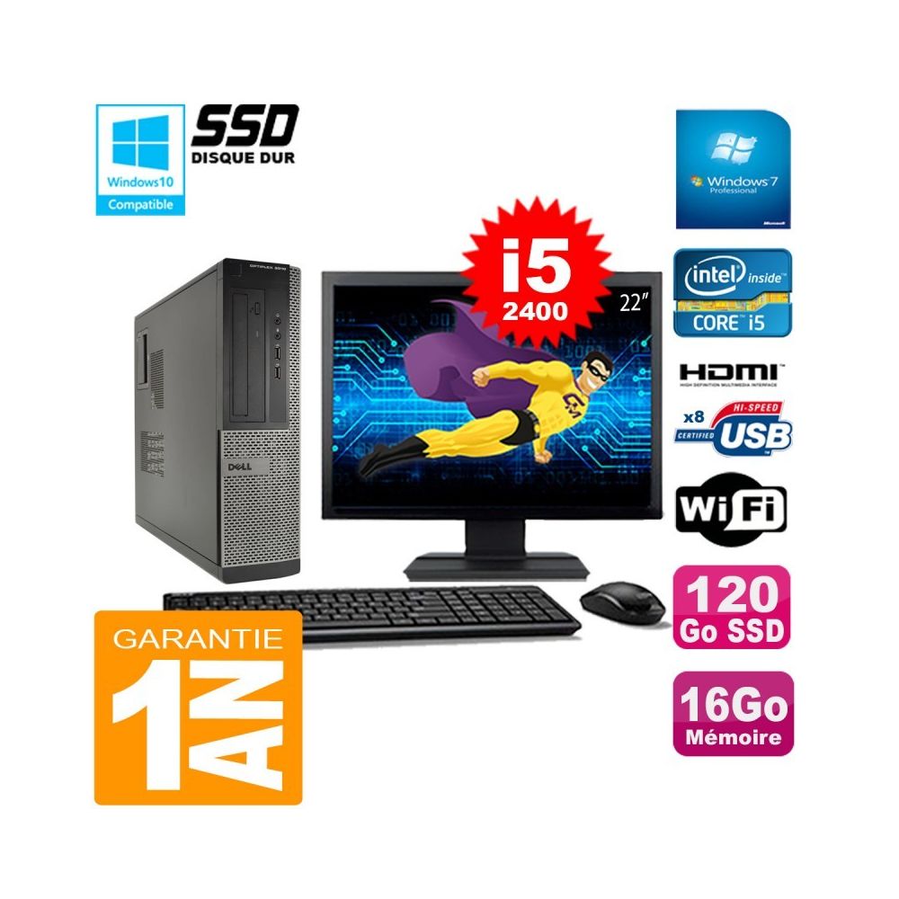 Dell - PC DELL 3010 DT Core I5-2400 Ram 16Go Disque 120Go SSD Graveur Wifi W7 Ecran 22"" - PC Fixe