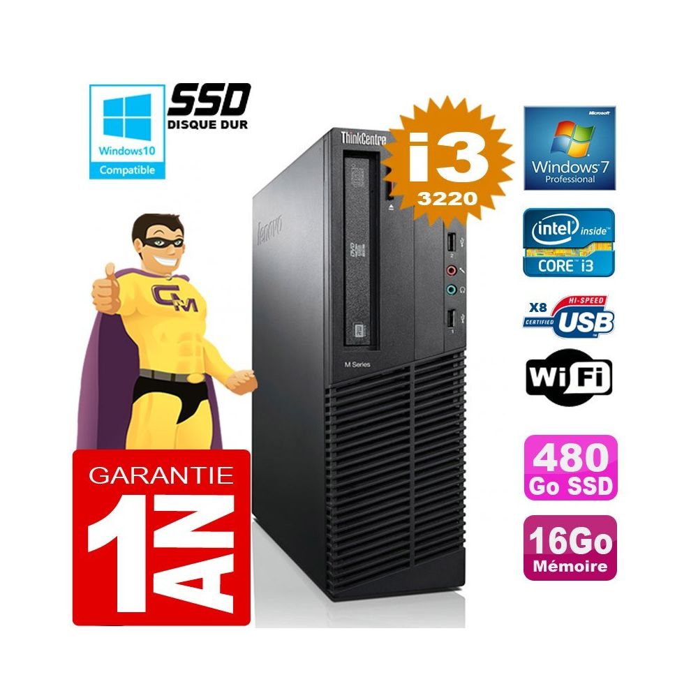 Lenovo - PC Lenovo M92p SFF Core I3-3220 Ram 16Go Disque 480 Go SSD Graveur DVD Wifi W7 - PC Fixe