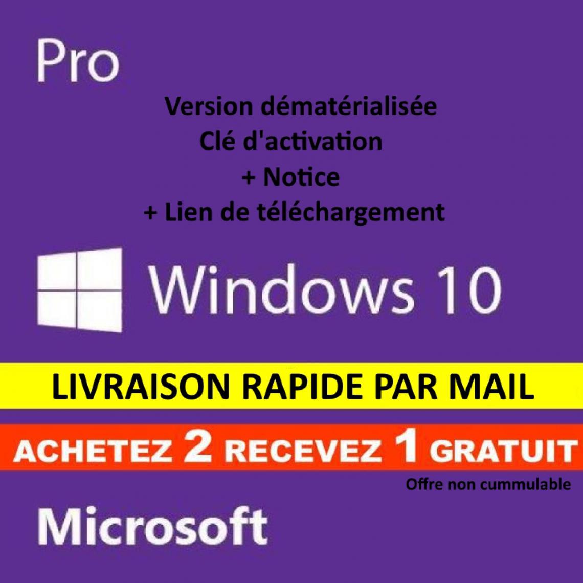 Microsoft - Windows 10 Pro Professionnel 32/64 bit Clé d'activation Originale 2+1 - Windows 10