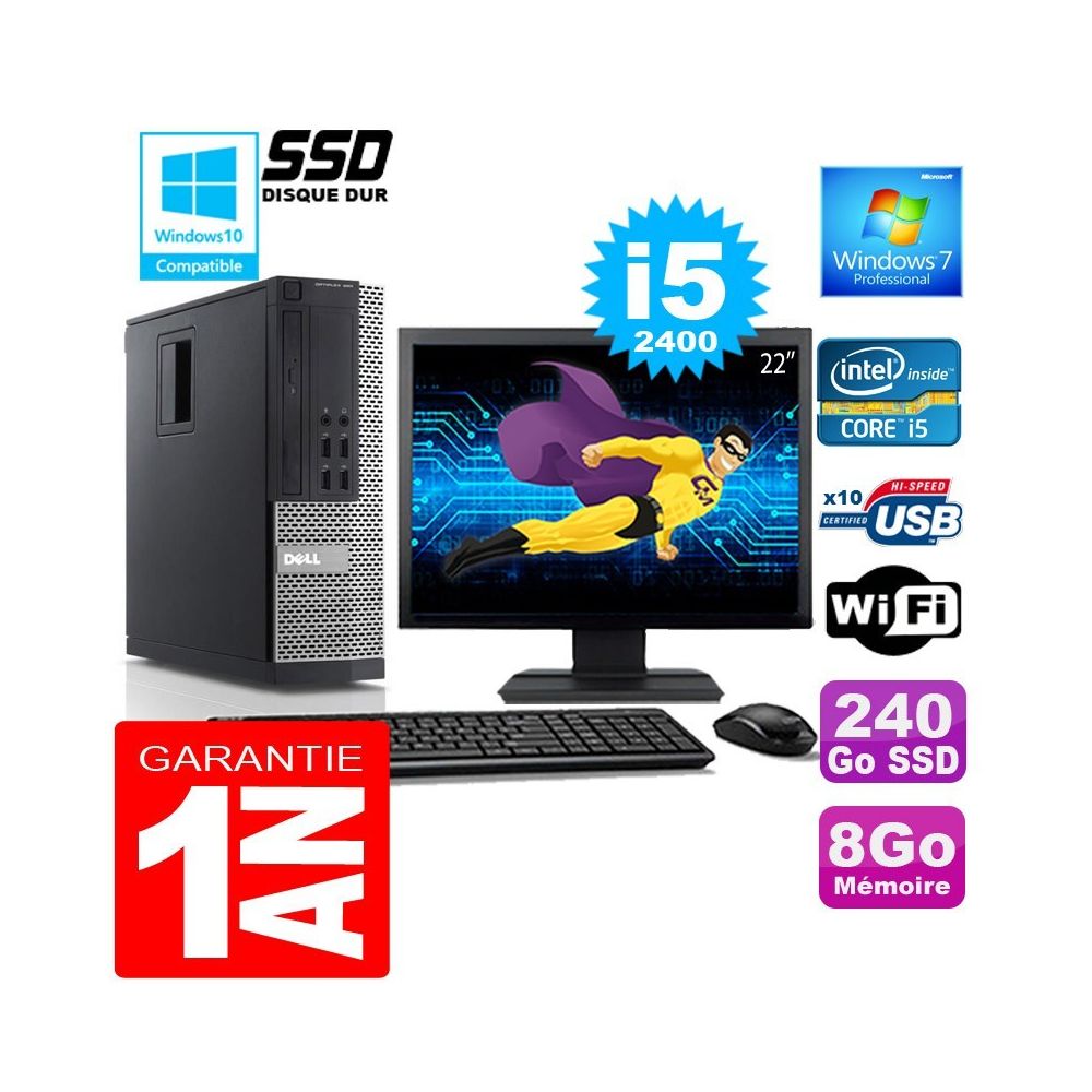 Dell - PC DELL 990 SFF Core I5-2400 Ram 8Go Disque 240 Go SSD Wifi W7 Ecran 22"" - PC Fixe