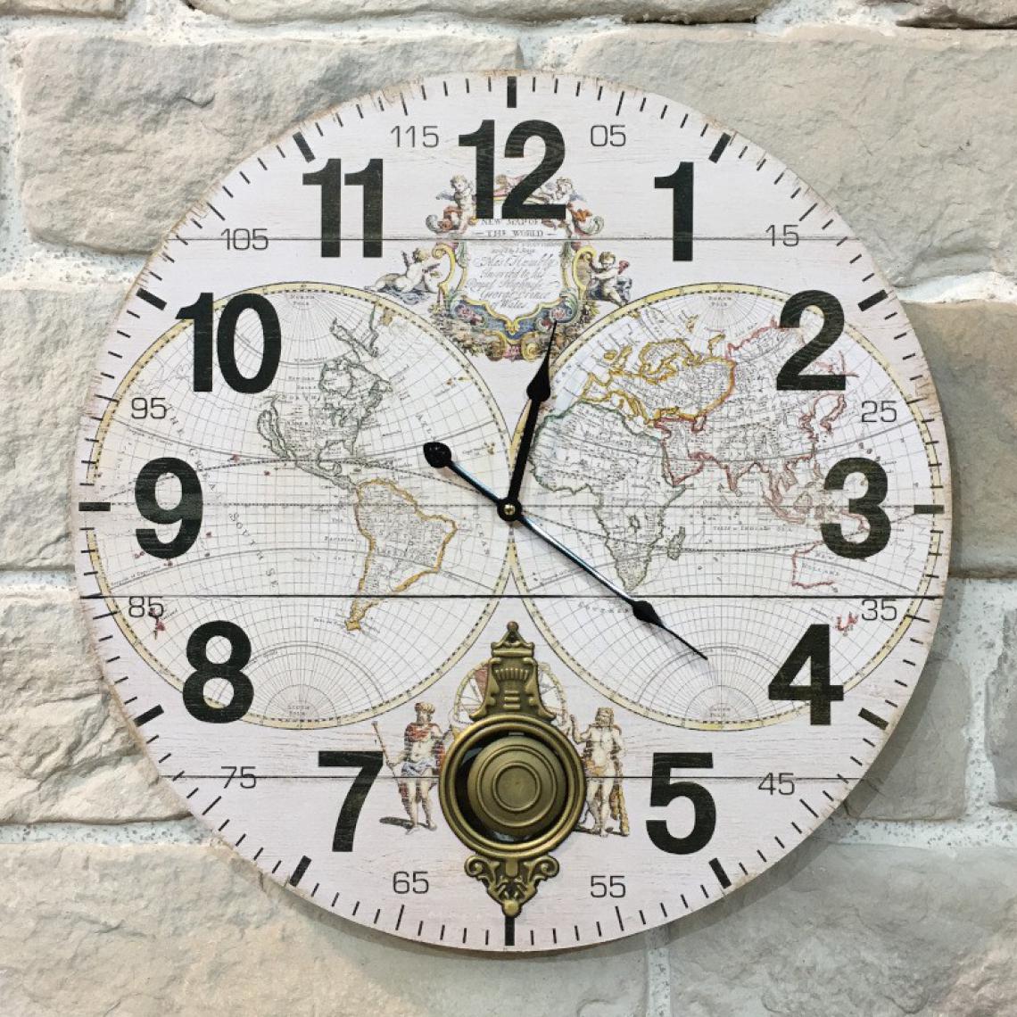 Chemin De Campagne - Horloge Murale de Cuisine Salon Chambre Mappemonde à Balancier 58 cm Bois MDF - Horloges, pendules