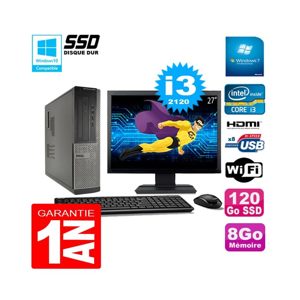 Dell - PC DELL 3010 DT Core I3-2120 Ram 8Go Disque 120Go SSD Graveur Wifi W7 Ecran 27"" - PC Fixe