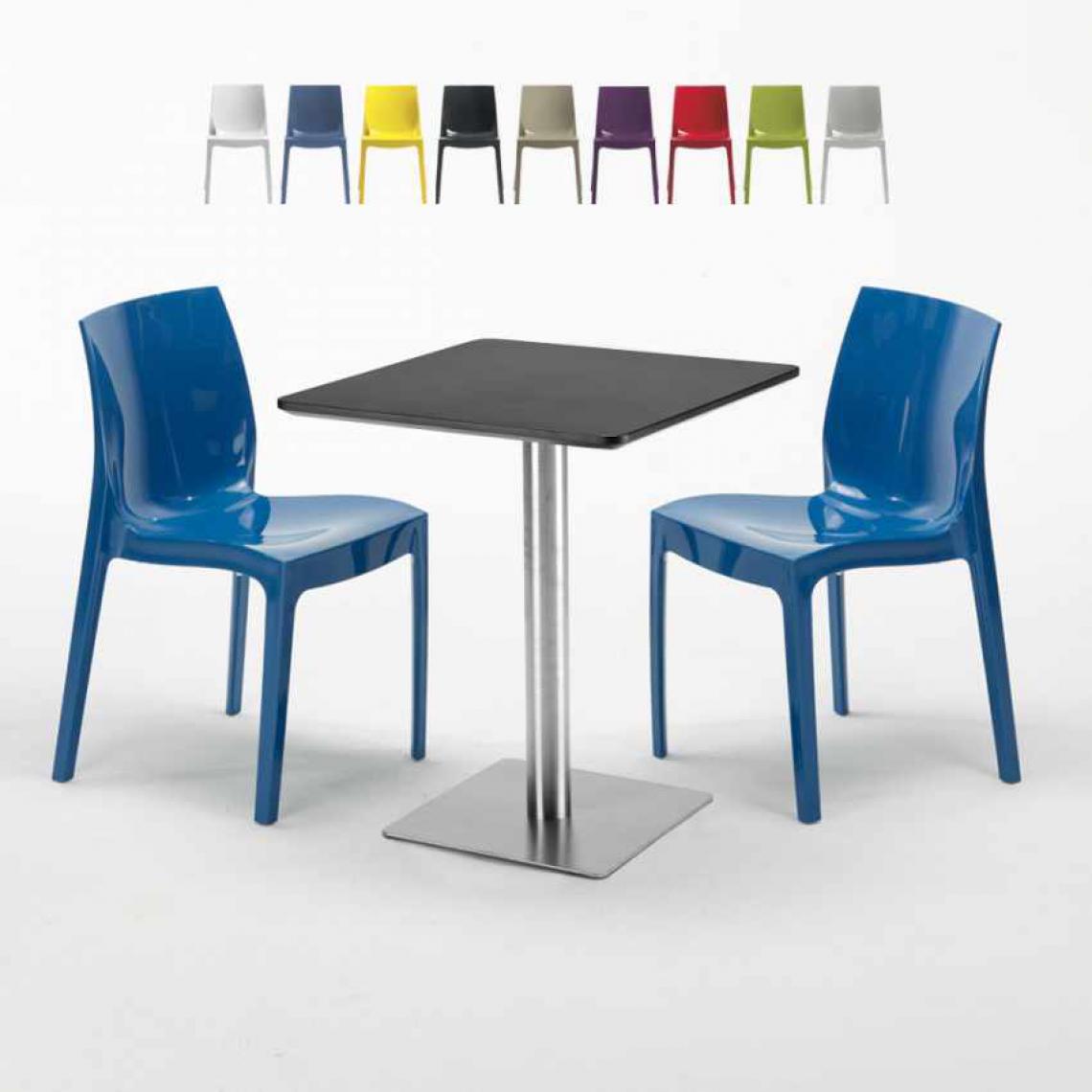 Grand Soleil - Table carrée 60x60 cm Base Argent E Top Noir Avec 2 Chaises Colorées Ice Pistachio, Couleur: Bleu - Tables à manger