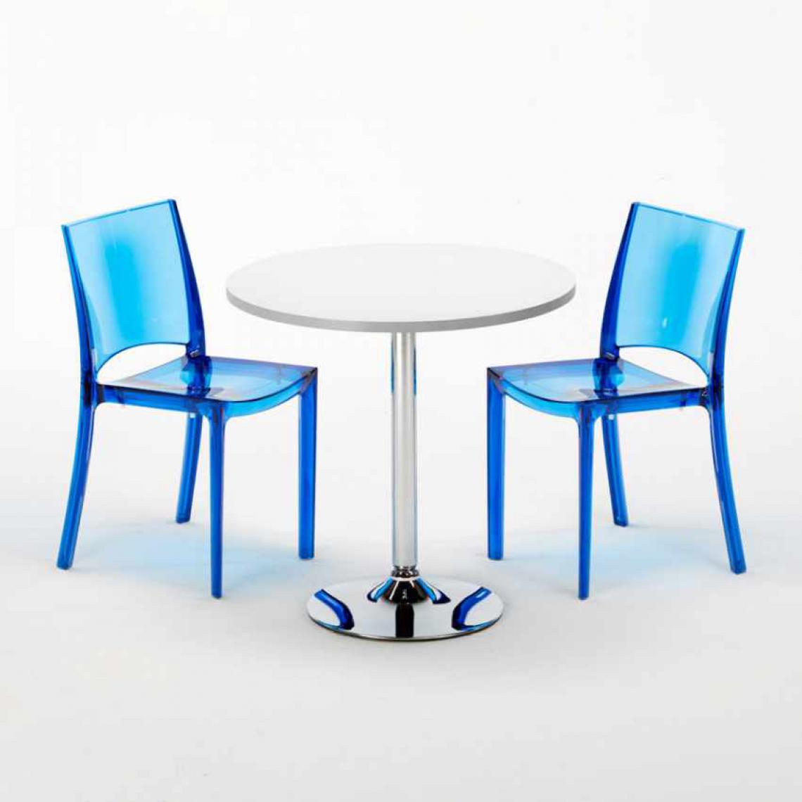 Grand Soleil - Table Ronde Blanche 70x70cm Avec 2 Chaises Colorées Grand Soleil Set Intérieur Bar Café B-Side Spectre, Couleur: Bleu transparent - Tables à manger