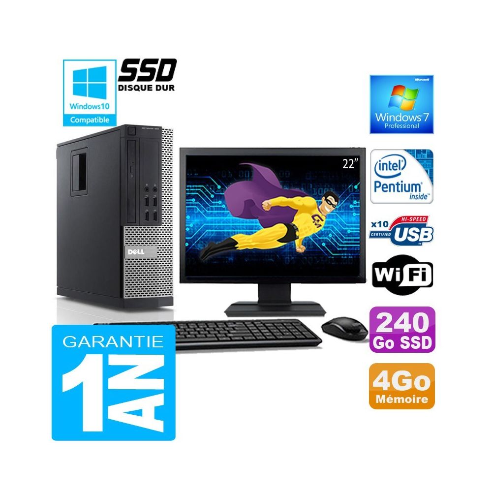 Dell - PC DELL 990 SFF Intel G840 Ram 4Go Disque 240 Go SSD Wifi W7 Ecran 22"" - PC Fixe