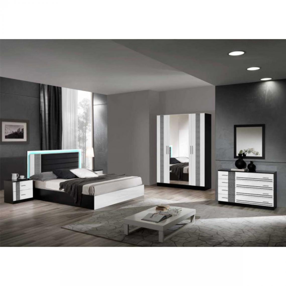 Dansmamaison - Chambre complète 160x200 Noir/Blanc à LED - RAVENO N°2 - L 165 x l 206 x H 106 cm - Chambre complète