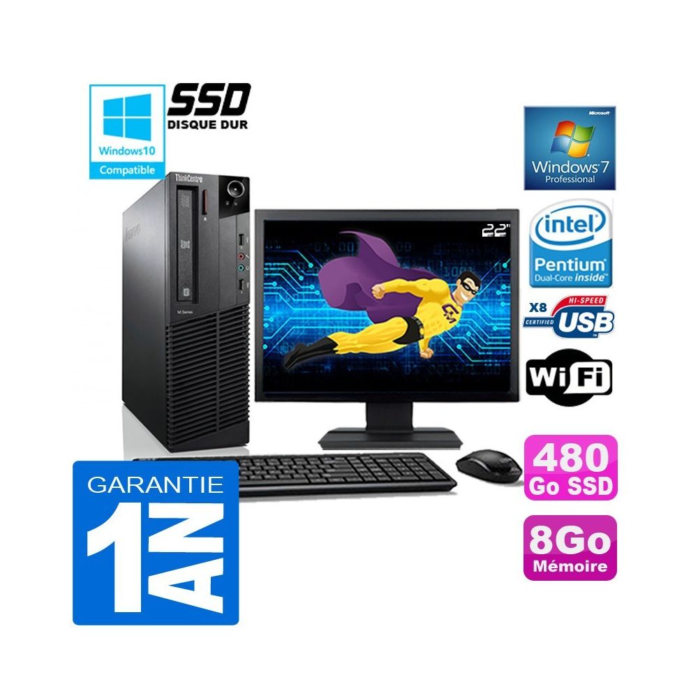 Lenovo - PC Lenovo M92p SFF Intel G630 Ram 8Go Disque 480 Go SSD Wifi W7 Ecran 22"" - PC Fixe