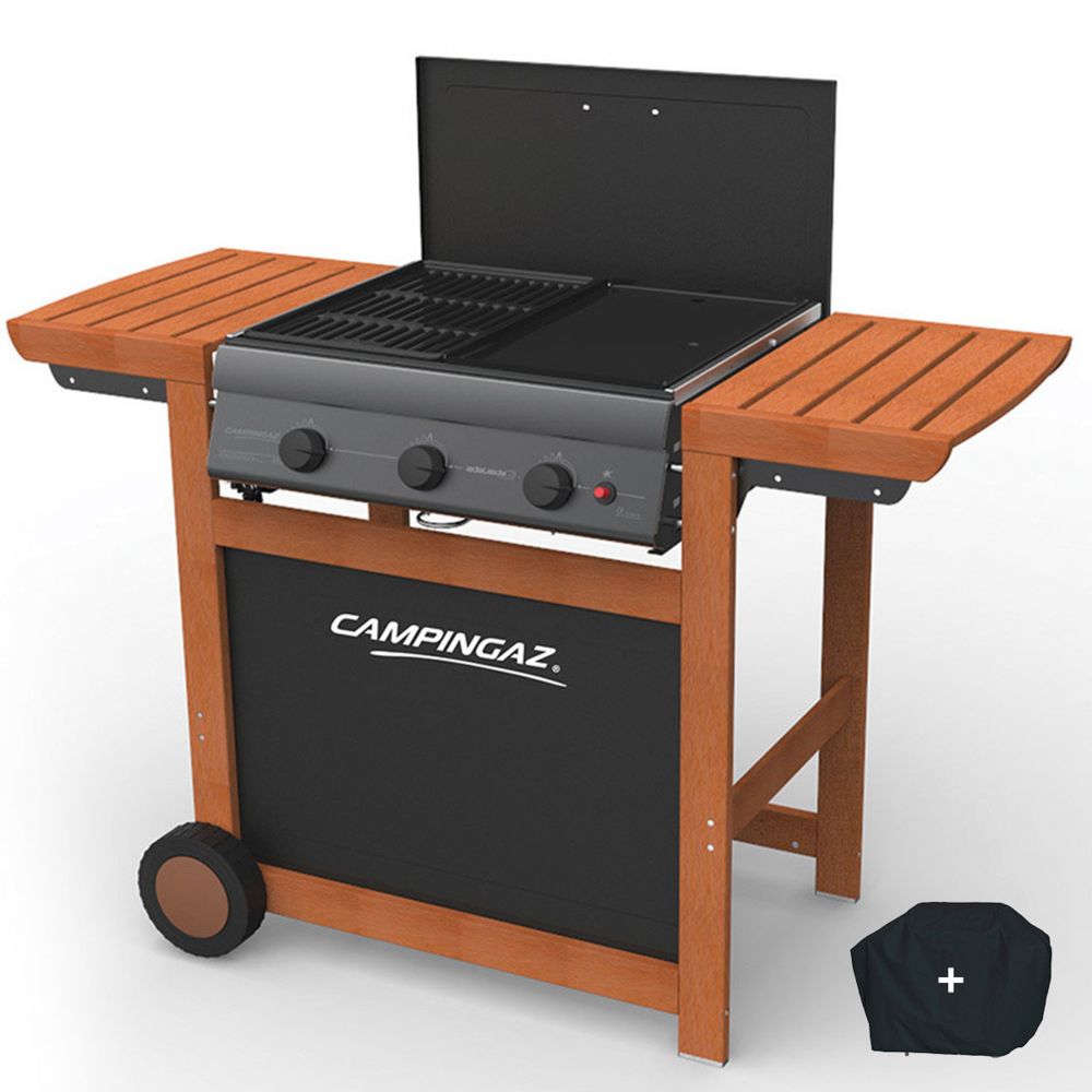 Camping Gaz - Barbecue a gaz grill et plancha CAMPINGAZ Adelaide 3 Woody L piezo 14 KW duo grill plancha HOUSSE OFFERTE - Barbecues gaz