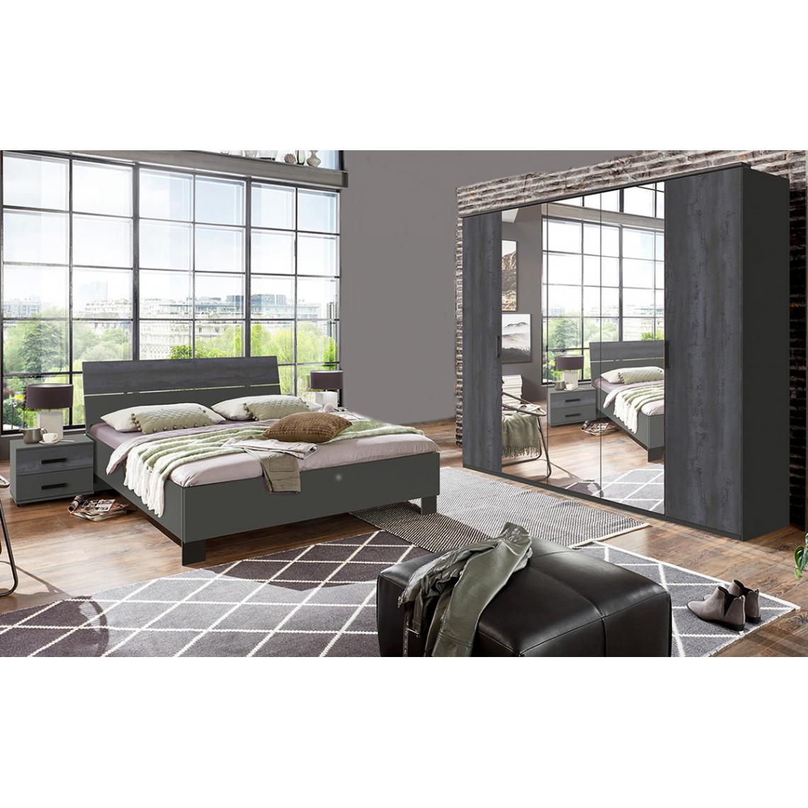 Pegane - Chambre à coucher complète adulte (lit 160 x 200 cm + 2 chevets + armoire) coloris gris foncé - Chambre complète