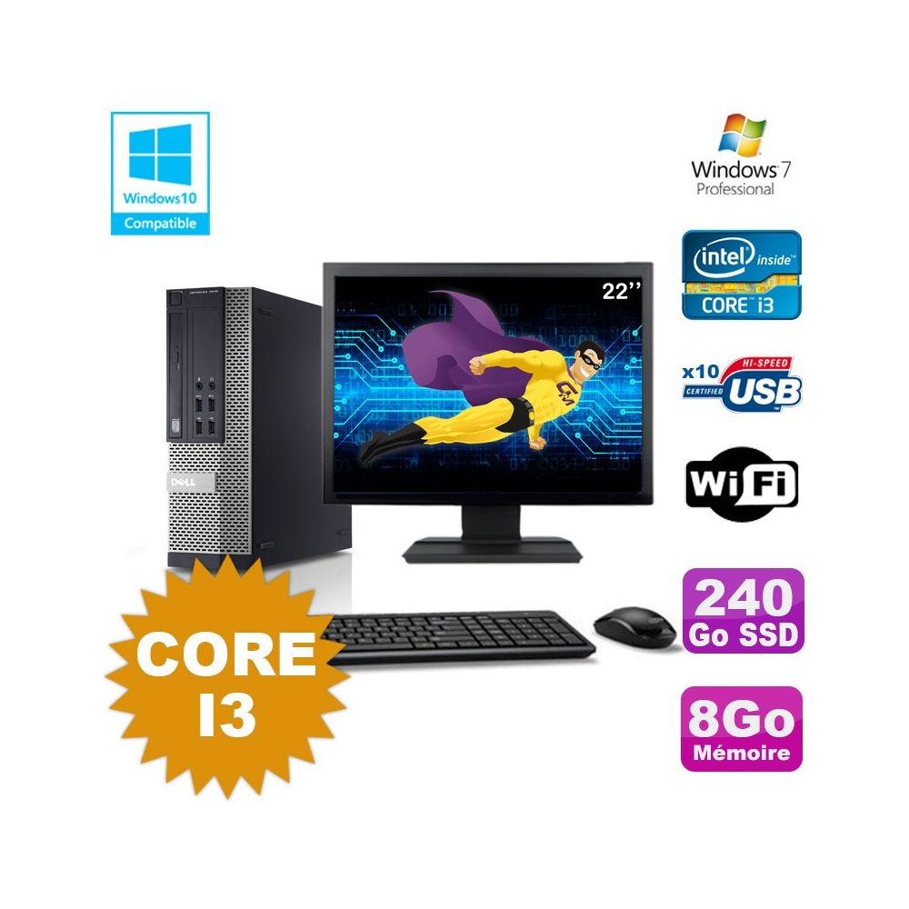 Dell - Lot PC Dell Optiplex 7010 SFF Core I3 3.1GHz 8Go 240Go SSD DVD Wifi W7 +Ecran 22 - PC Fixe