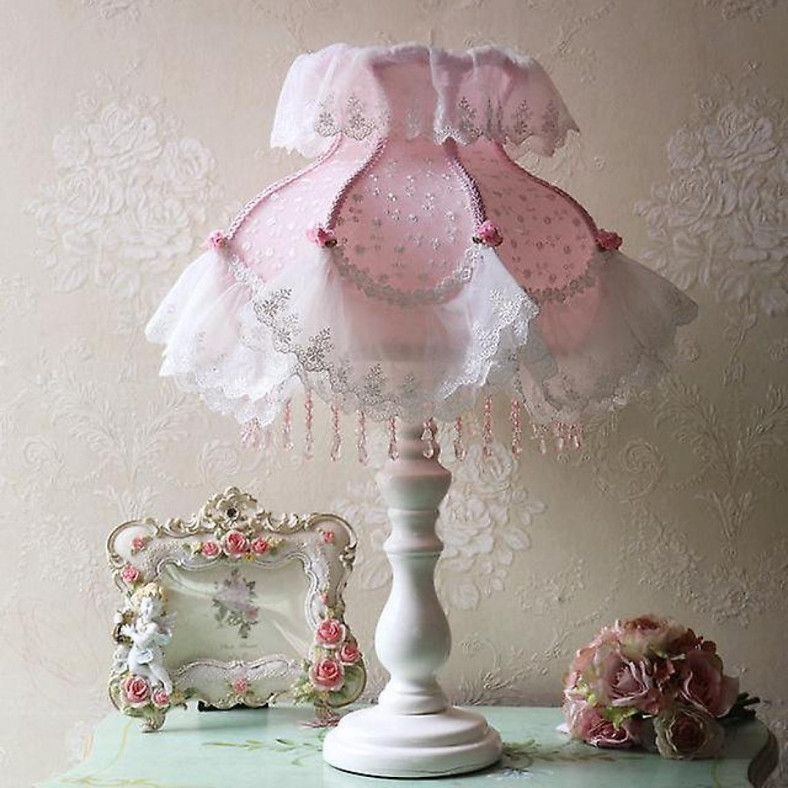 Universal - Lampe de table pour chambre fille blanc rose bleu princesse dentelle abat-jour bois bureau éclairage lampe de chevet livre lecture lampe de table d94 (f) - Lampes de bureau