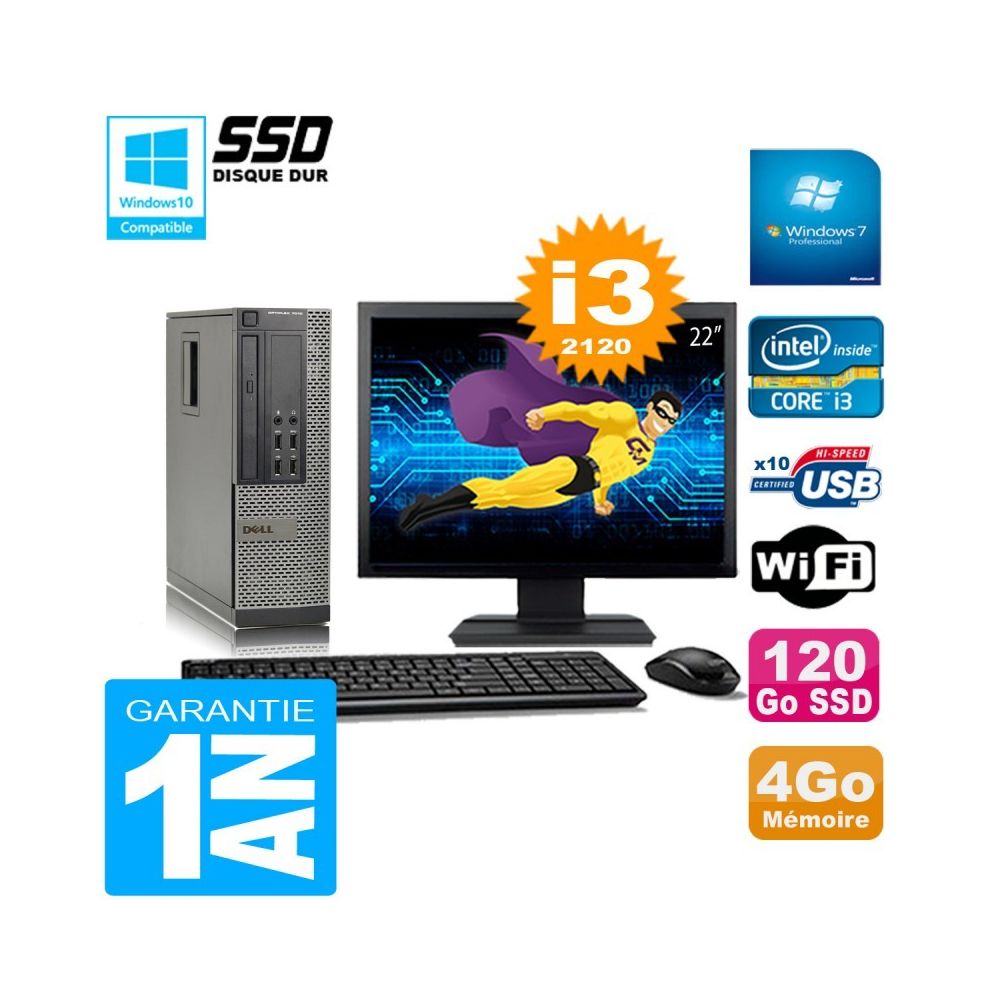 Dell - PC DELL 7010 SFF Core I3-2120 Ram 4Go Disque 120Go SSD Graveur Wifi W7 Ecran 22"" - PC Fixe