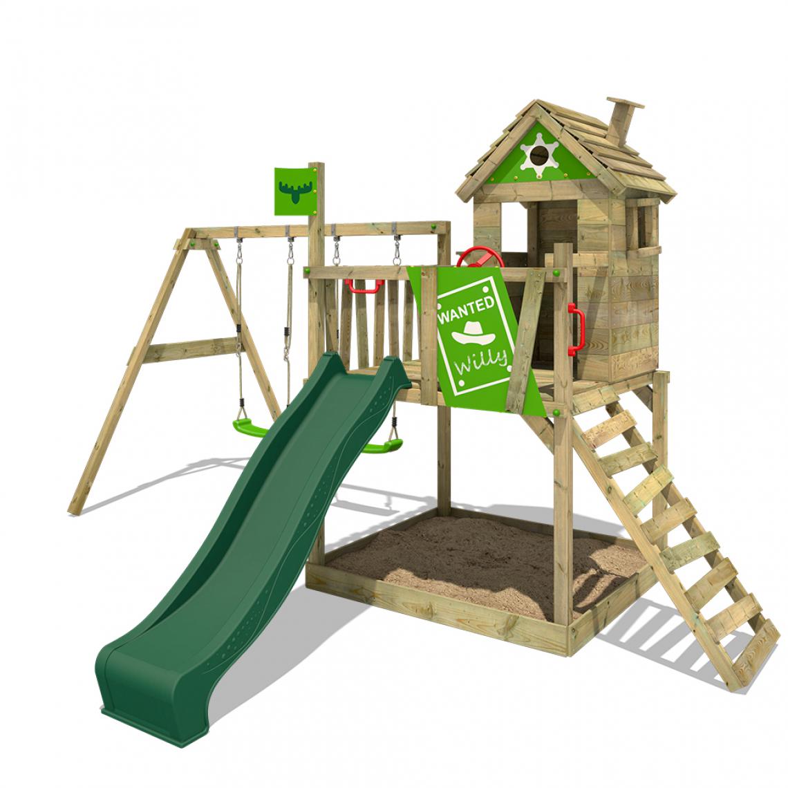 Fatmoose - Aire de jeux Portique bois RockyRanch avec balançoire et toboggan vert Cabane enfant extérieure avec bac à sable, échelle d'escalade & accessoires de jeux - Aire de jeux