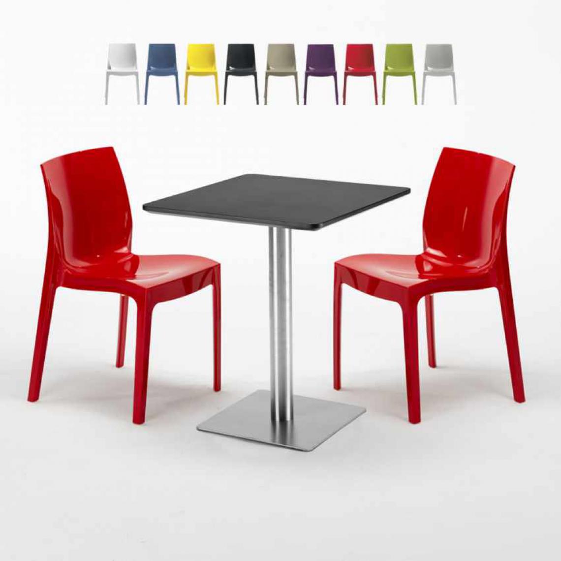 Grand Soleil - Table carrée 60x60 cm Base Argent E Top Noir Avec 2 Chaises Colorées Ice Pistachio, Couleur: Rouge - Tables à manger