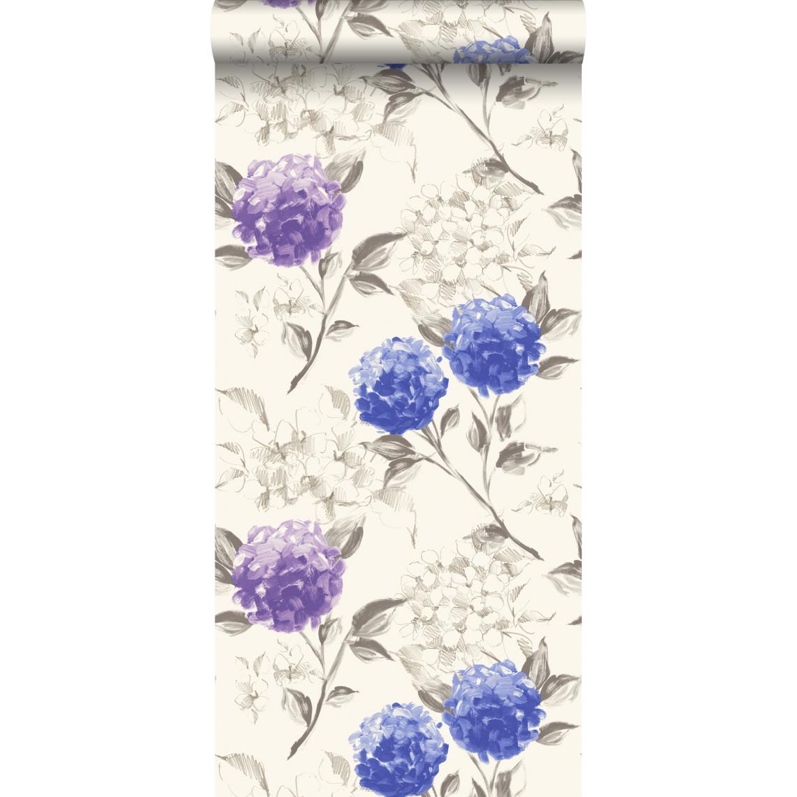 ESTAhome - ESTAhome papier peint hortensias bleu profond et violet - 128022 - 53 cm x 10,05 m - Papier peint