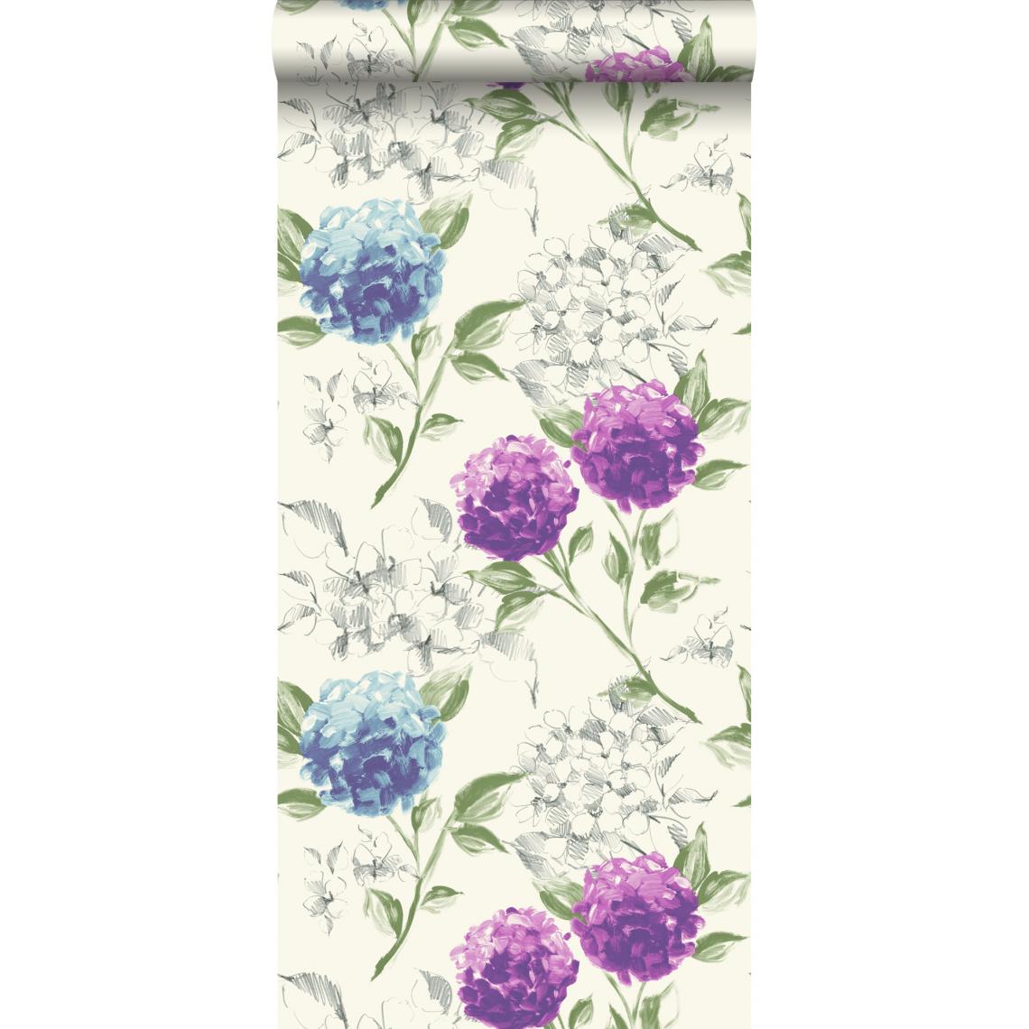 ESTAhome - ESTAhome papier peint hortensias violet et bleu - 128021 - 53 cm x 10,05 m - Papier peint