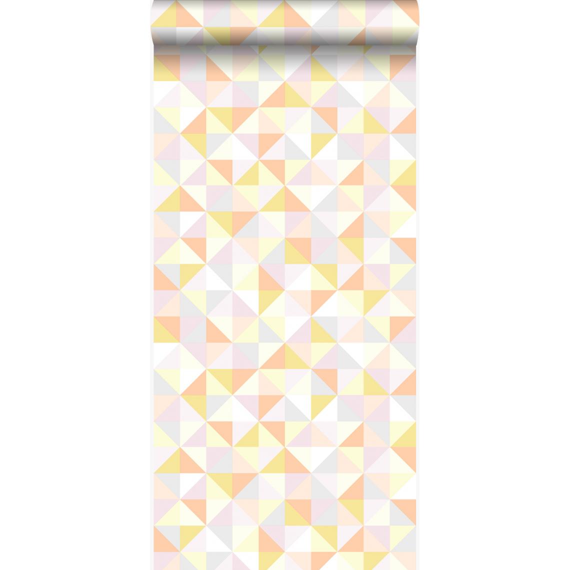 Origin - Origin papier peint triangles rose poudre clair, orange pêche pastel, jaune pastel, gris chaud clair et or brillant - 337211 - 53 cm x 10,05 m - Papier peint